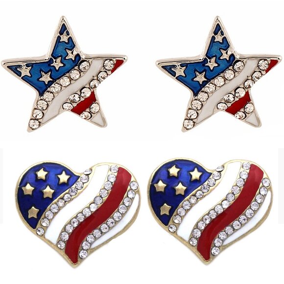 American Flag Enamel Crystal Stud Earrings Set Heart Star Shaped Earrings - Picture 1 of 4